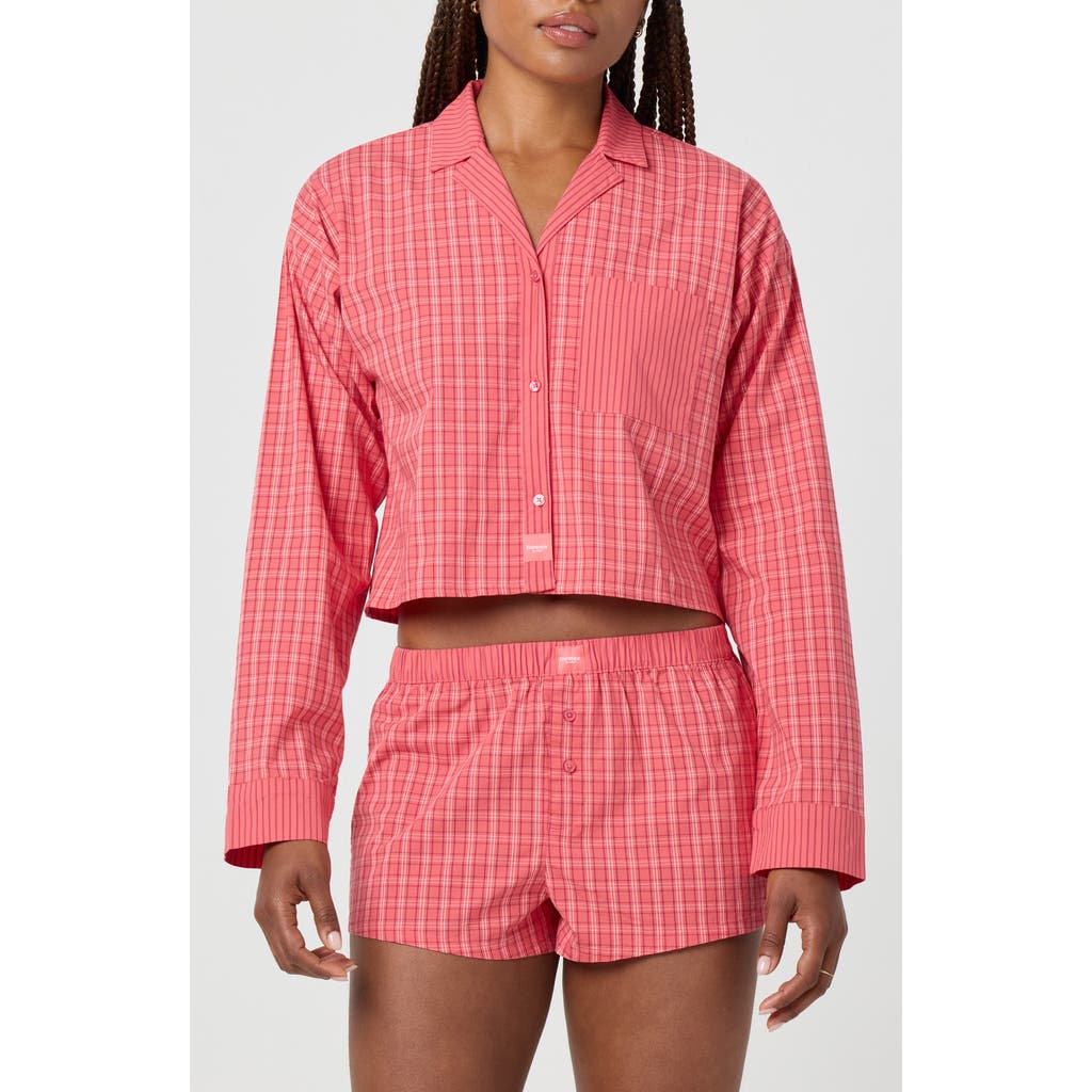 Florence By Mills Micro Plaid Crop Stretch Cotton Button-up Shirt In Pink