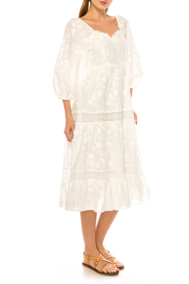 Floral Embroidered Midi Dress, Alternate, color, BRIGHT WHITE