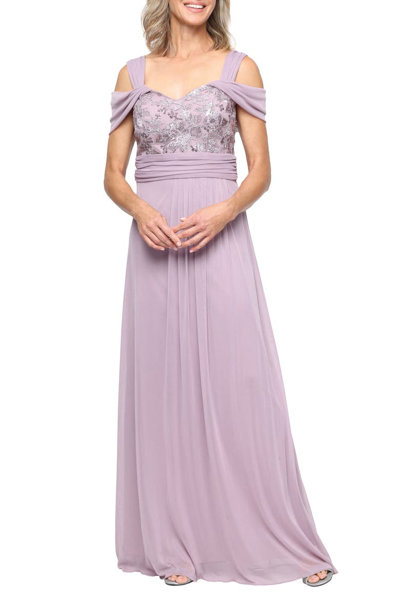 Embroidered Bodice Cold Shoulder Short Sleeve Gown, Main, color, WISTERIA
