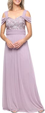 Alex Evenings Embroidered Bodice Cold Shoulder Short Sleeve Gown