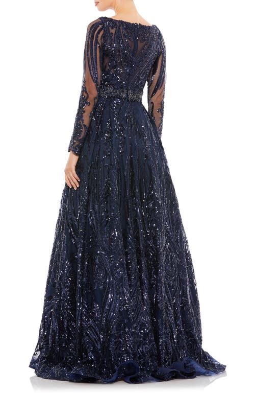 Mac Duggal Midnight Long Sleeve Embellished Evening Gown In Midnight