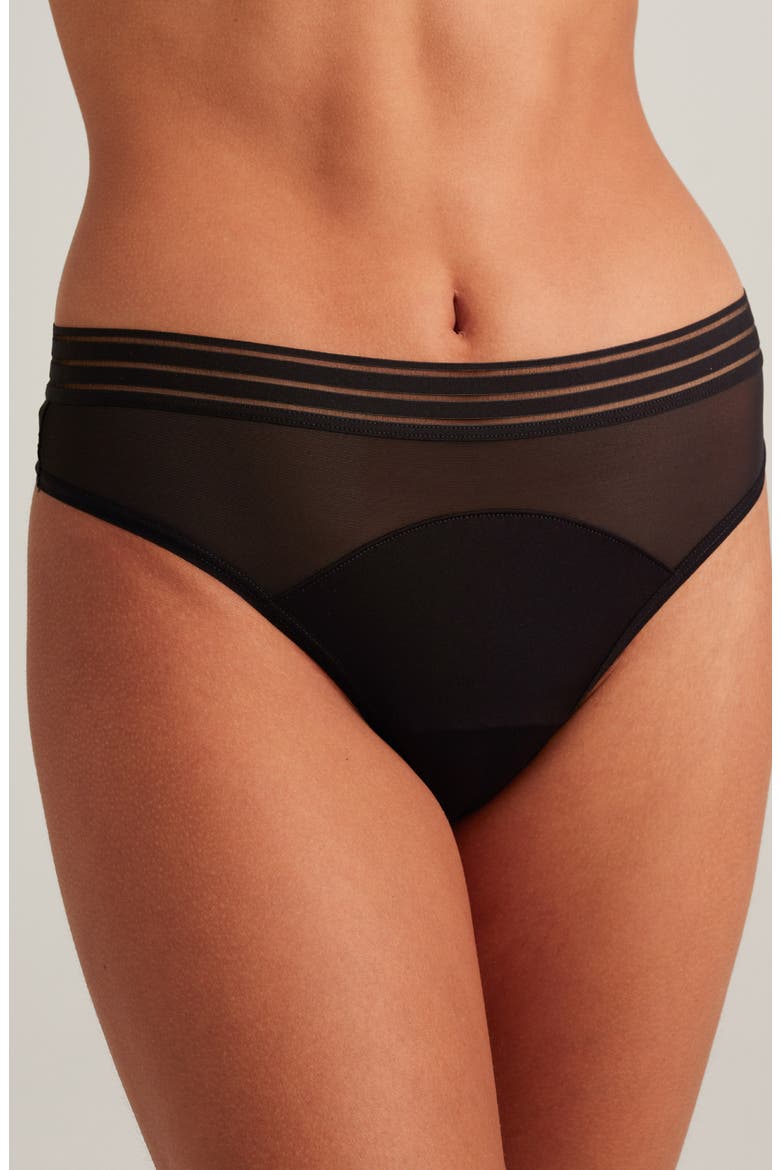 Period & Leakproof Light Absorbency Mesh Thong, Main, color, BLACK