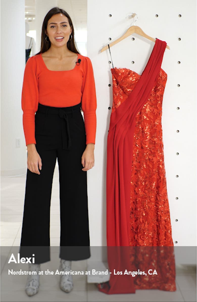 One-Shoulder Sequin Lace & Crepe Gown, sales video thumbnail