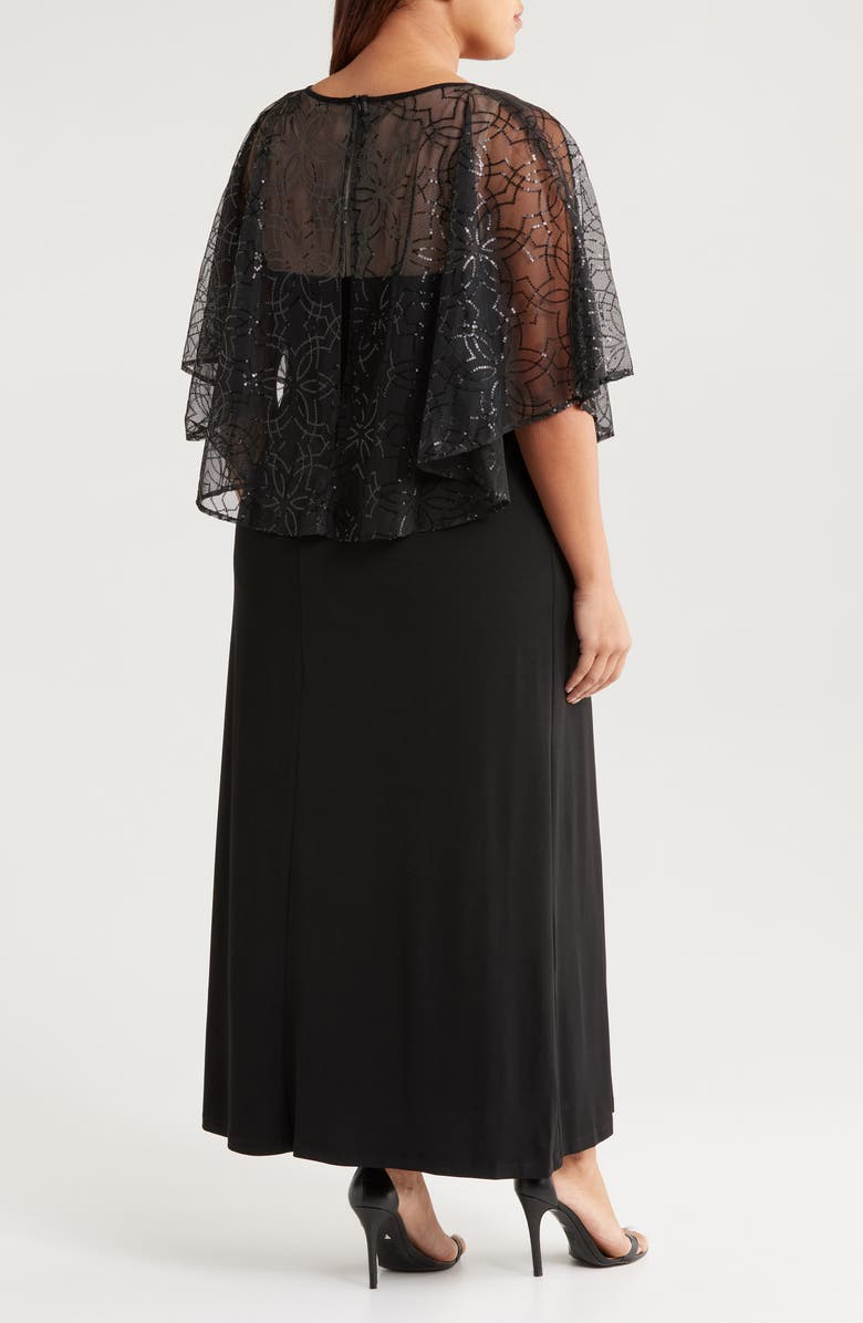 Connected Apparel Sequin Cape Gown, Alternate, color, Black