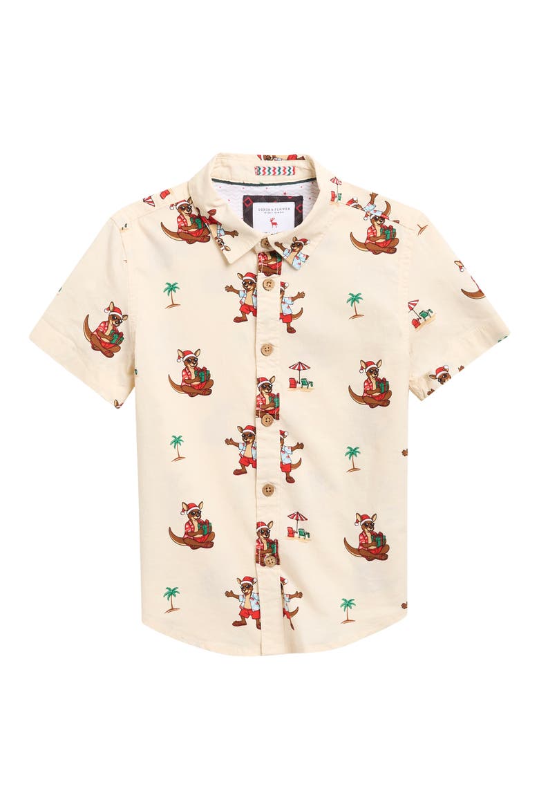 Kids' Kangaroo Palm Tree Print Button-Up Shirt, Main, color, WHITE