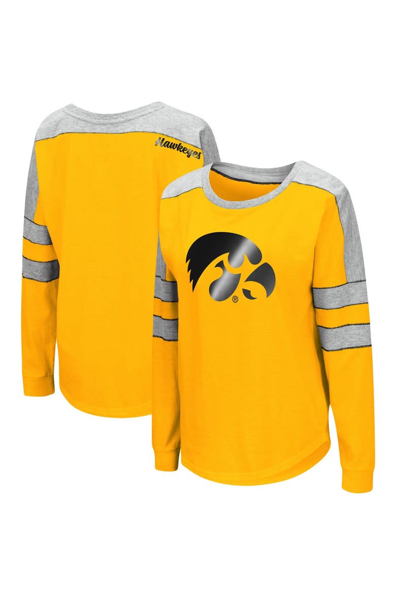 Women's Colosseum Gold Iowa Hawkeyes Trey Dolman Long Sleeve T-Shirt, Main, color, Gold