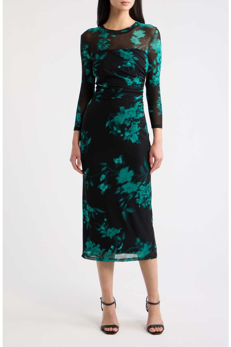 Floral Print Mesh Midi Dress, Main, color, DEEP JADE MULTI