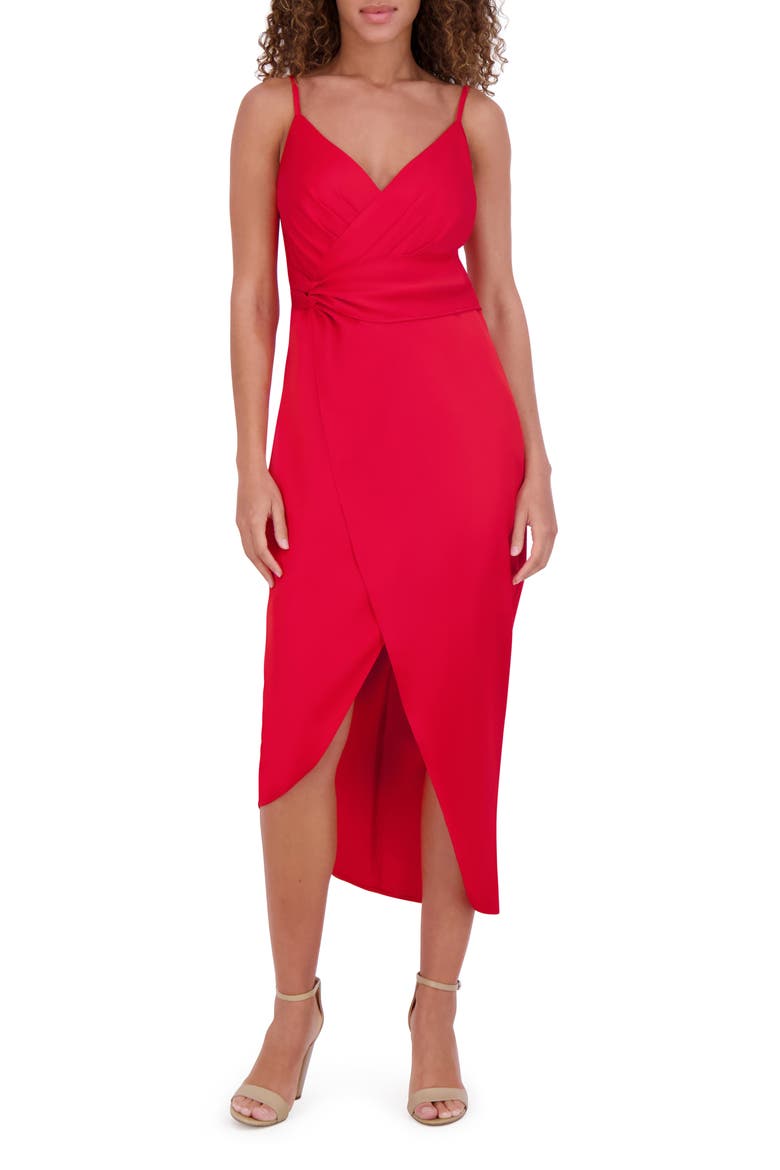 Matte Satin Faux Wrap Midi Dress, Main, color, RED