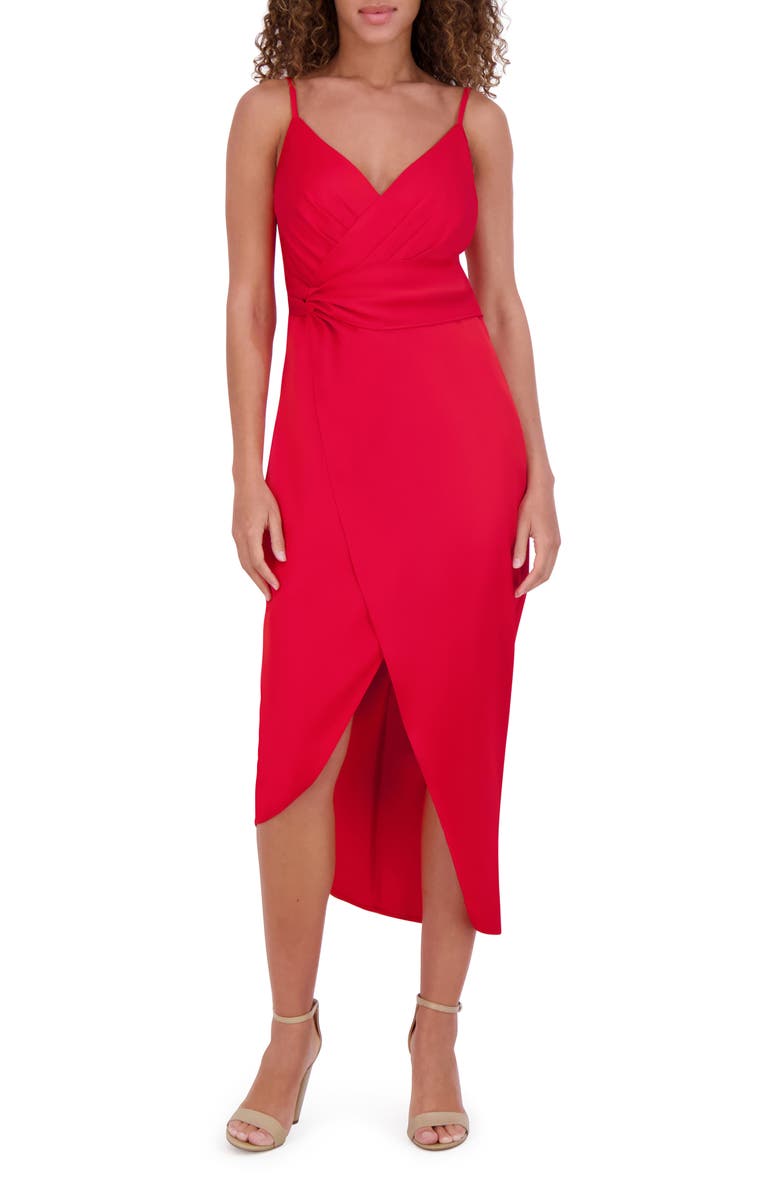 Siena Matte Satin Faux Wrap Midi Dress, Main, color, Red