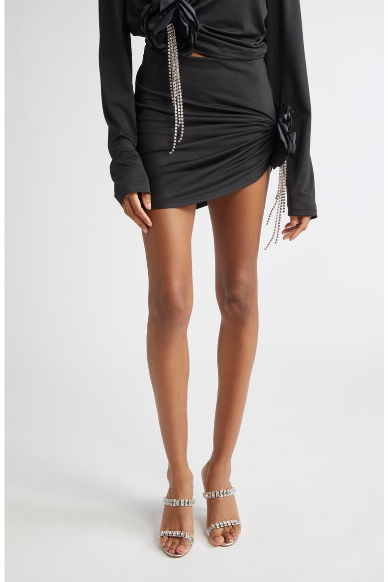 Crystal Flower Draped Miniskirt, Main, color, BLACK