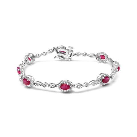 10K White Gold 4.5mm x 3mm Oval Ruby and Diamond Link Bracelet -
