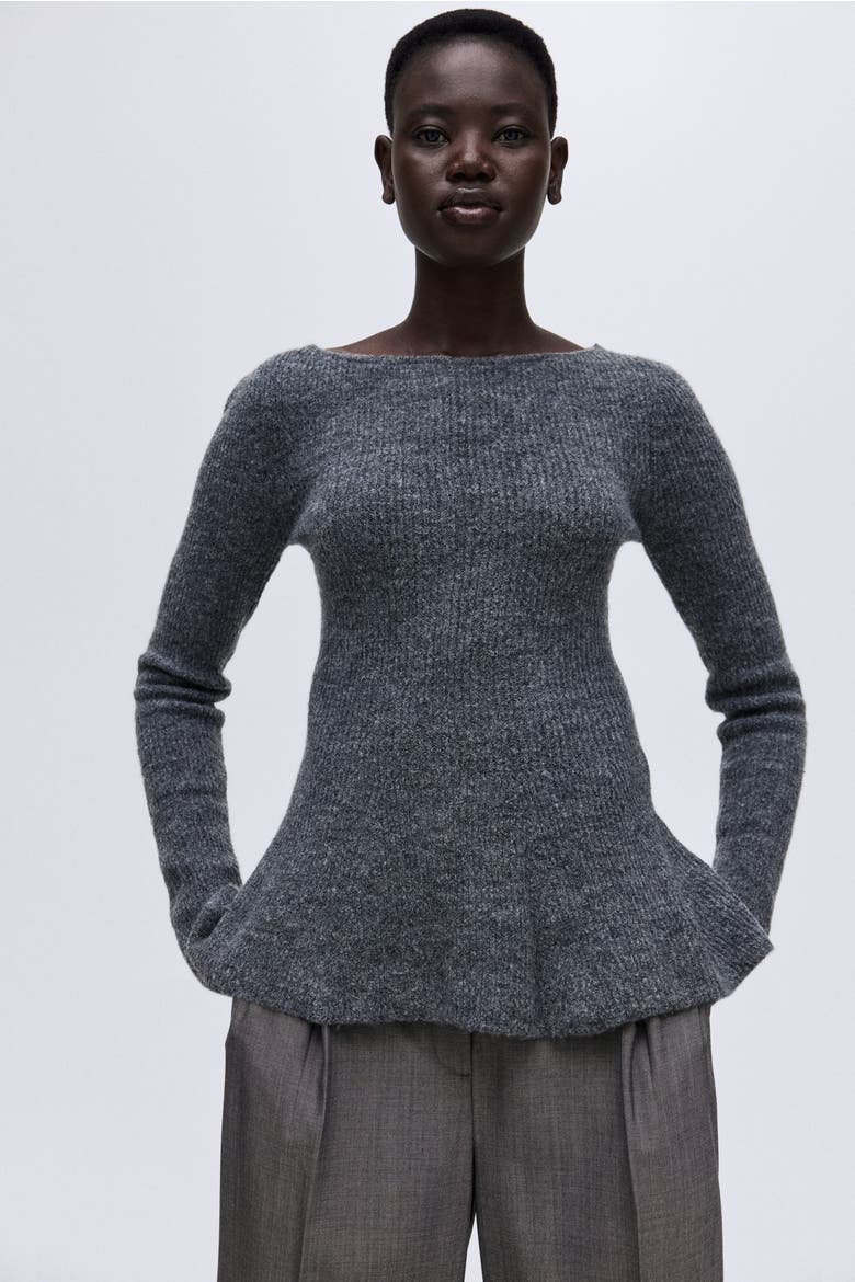 Rib-knit Peplum Top, Main, color, Dark gray