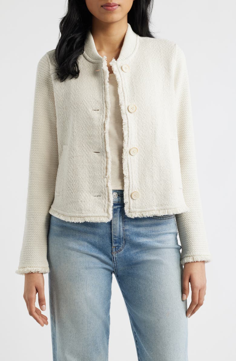 NIC+ZOE Fringe Mix Knit Bomber Jacket, Main, color, Coconut