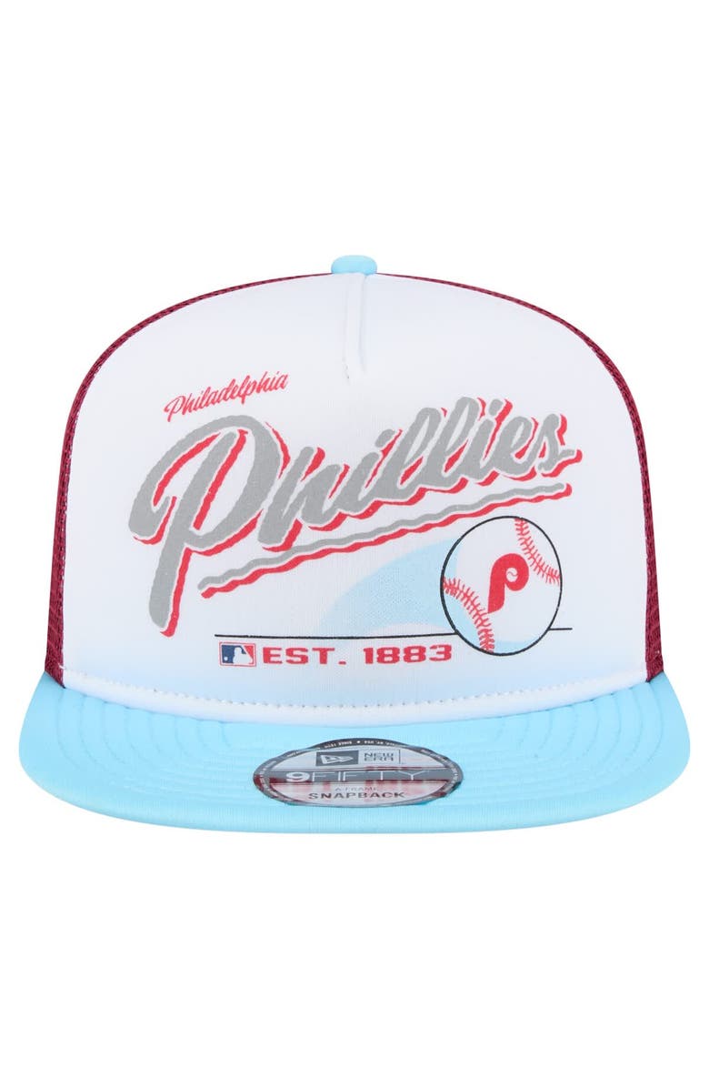 New Era Men's New Era White/Light Blue Philadelphia Phillies Retro Script Trucker 9FIFTY Snapback Hat, Alternate, color,