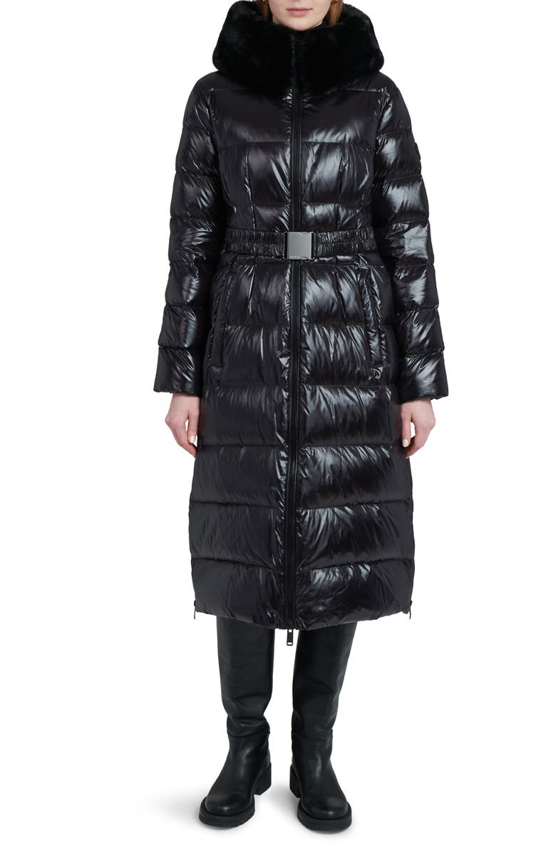 The Recycled Planet Company Lexi Water Resistant Hooded Nylon Down Puffer Coat with Faux Fur Trim, Main, color, Black