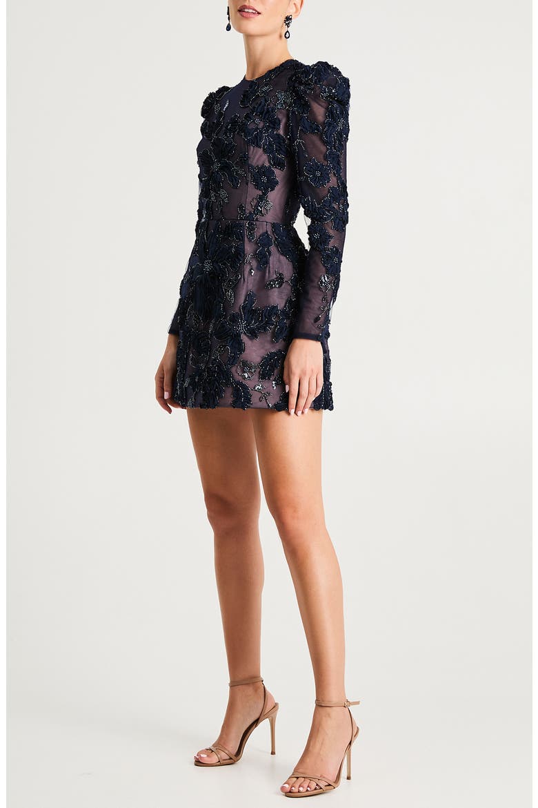 Ines Beaded Floral Long Sleeve Cocktail Minidress, Alternate, color, MIDNIGHT BLUE