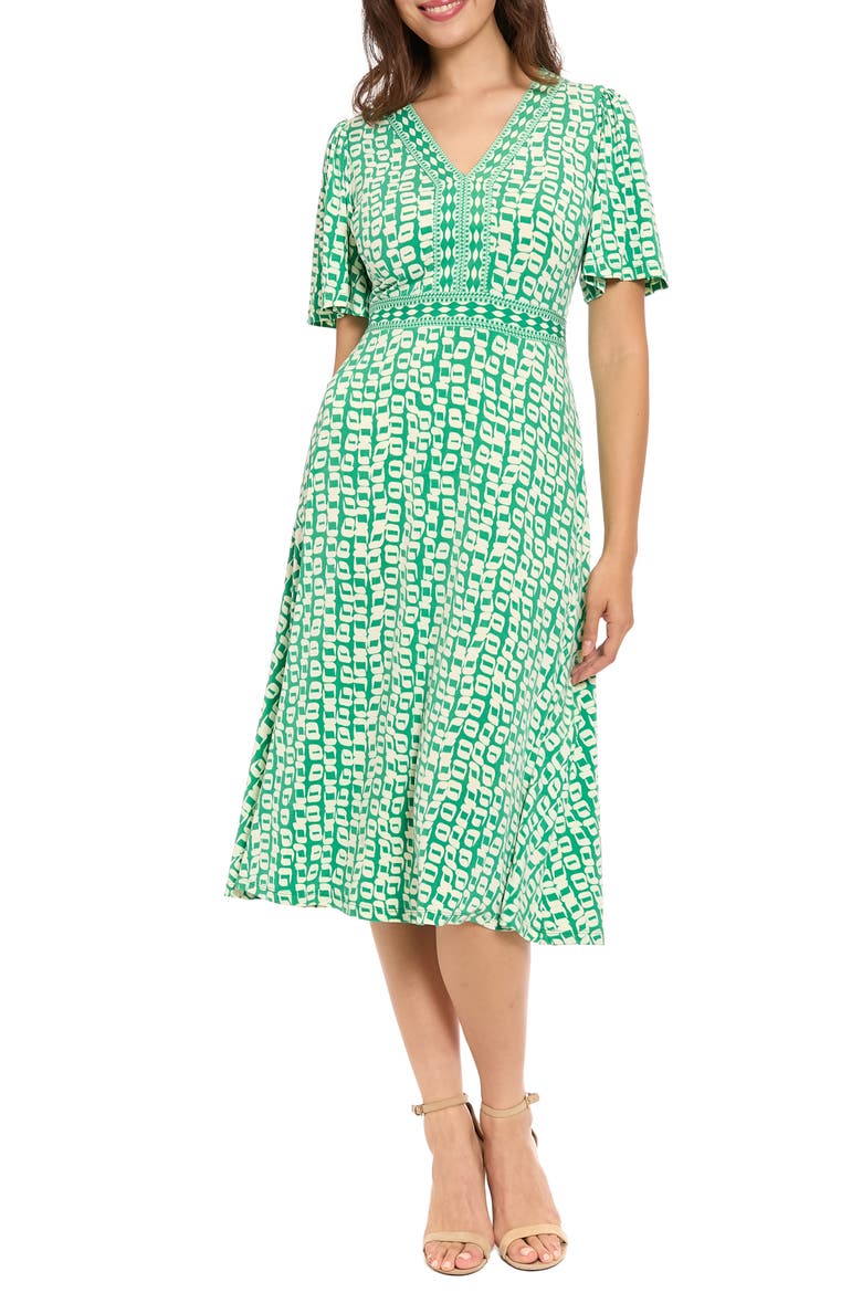 Flutter Sleeve A-Line Midi Dress, Main, color, GREEN LAKE/ IVORY