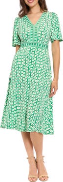 London Times Flutter Sleeve A-Line Midi Dress