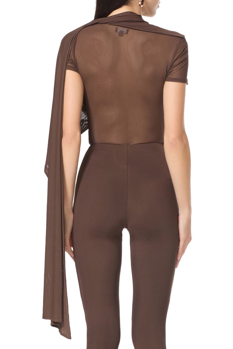 Fiona Asymmetrical Scarf Detail Mesh Top, Alternate, color, ESPRESSO