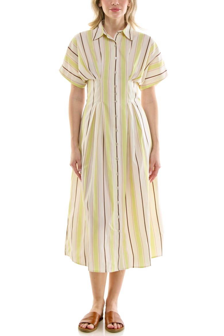 Pintuck Waist Midi Shirtdress, Main, color, MINT / CHOCOLATE