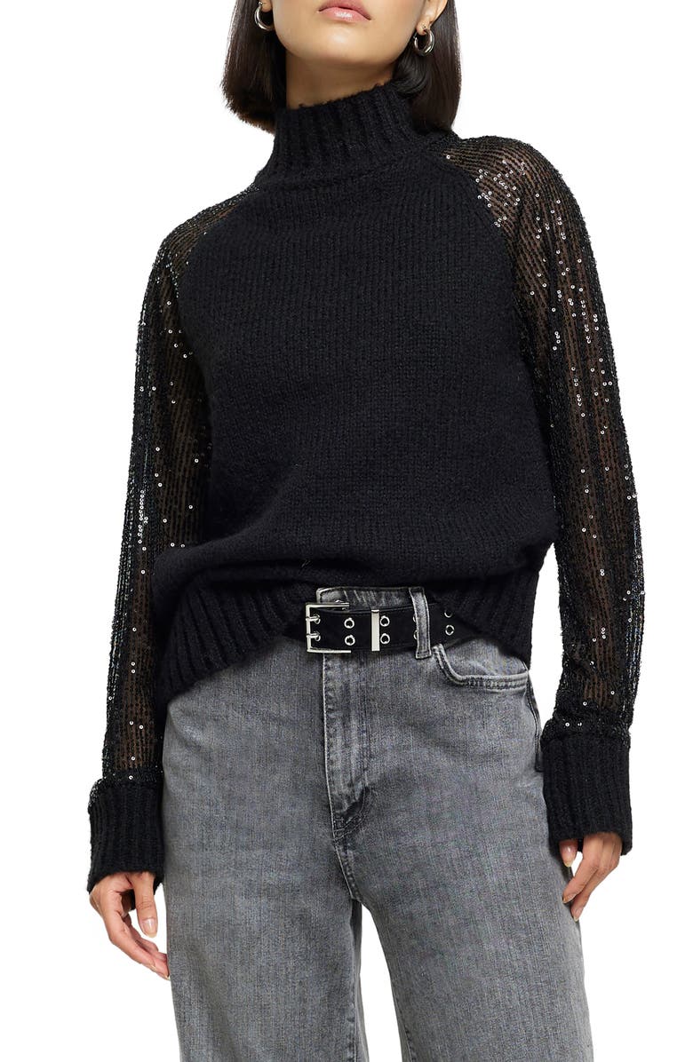 River Island Sequin Sleeve Sweater, Main, color,