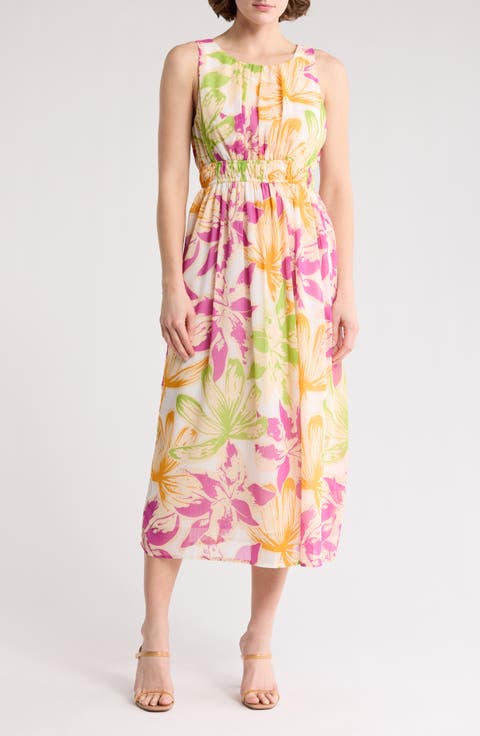 Floral Print Chiffon Midi Dress