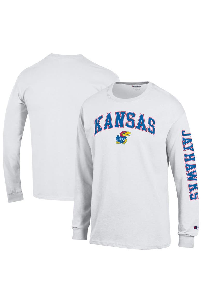 Men's Champion  White Kansas Jayhawks Arch Over Logo 2-Hit Long Sleeve T-Shirt, Main, color, White