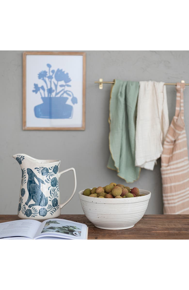 Storied Home Stoneware Pitcher with Painted Rabbit and Florals, Blue and Cream, Alternate, color, Blue