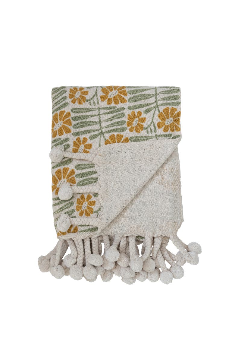 Soft Woven Reclaimed Cotton Blend Printed Throw with Flowers and Pompom Tassels, Sage and Mustard, Alternate, color, Green