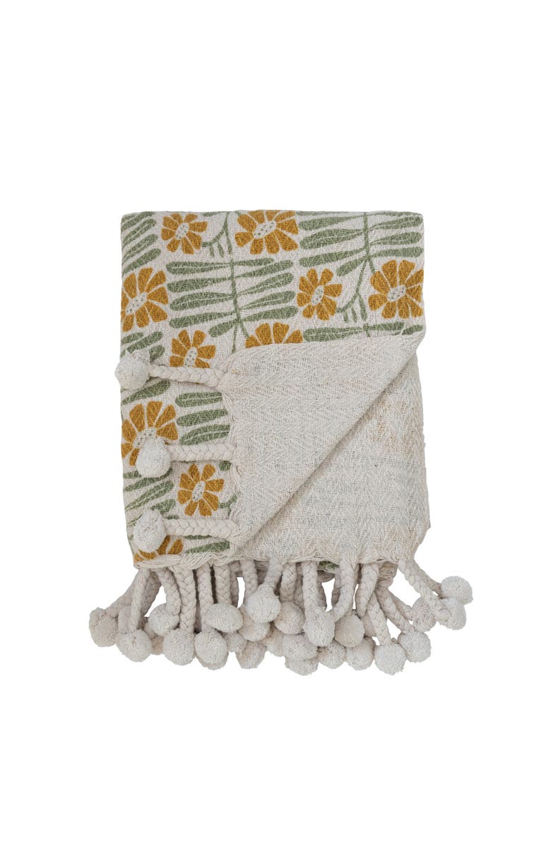 Storied Home Soft Woven Reclaimed Cotton Blend Printed Throw with Flowers and Pompom Tassels, Sage and Mustard, Alternate, color, Green