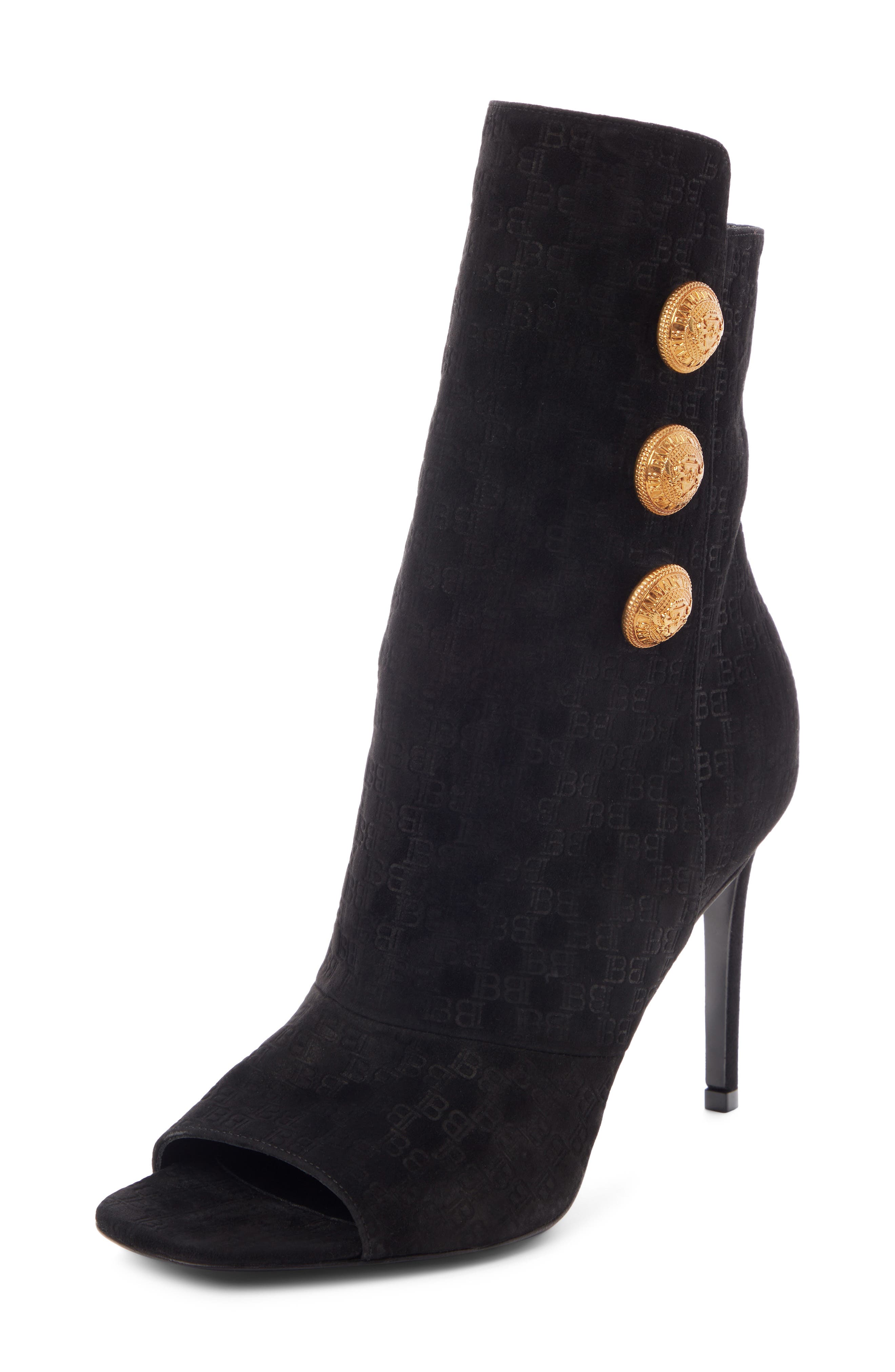Balmain Oslo Logo Embossed Open Toe Bootie, Main, color, 
