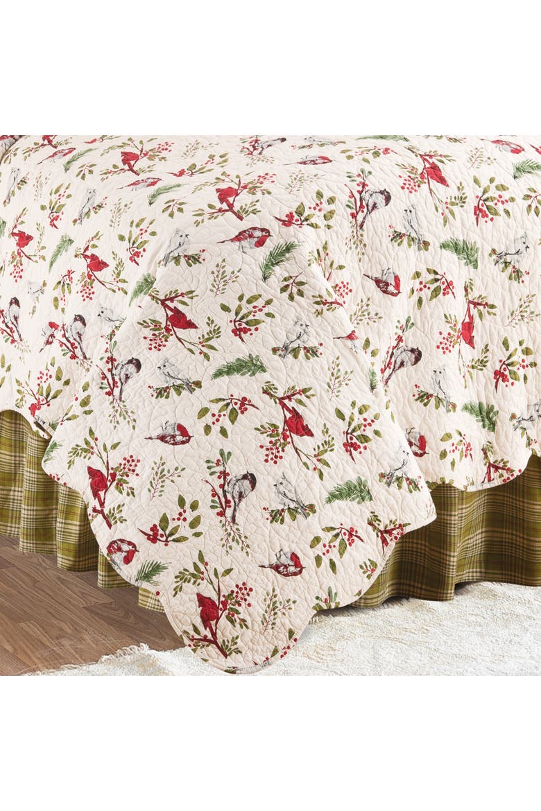 Sprig Birds Cardinal Christmas Cotton Quilt Set  - Reversible and Machine Washable, Alternate, color, Red