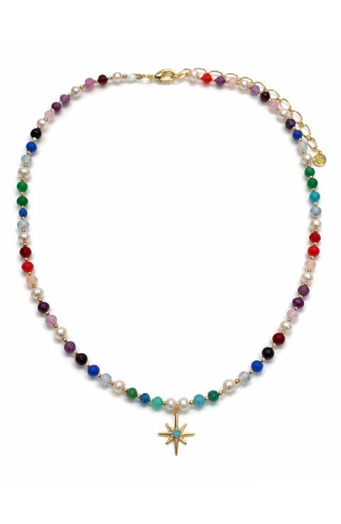 Freshwater Pearl & Multicolor Beaded Starburst Pendant Necklace