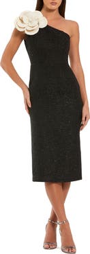 Mac Duggal One Shoulder Boucle Midi Dress With 3D Flower