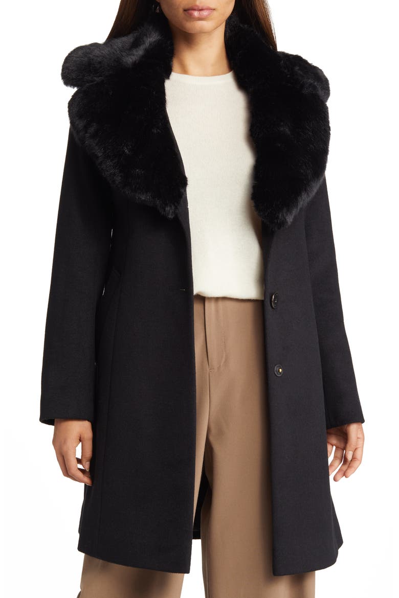 Faux Fur Collar Wool Blend Coat, Main, color, BLACK