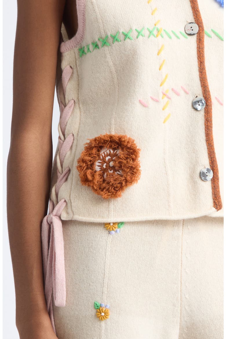Daisy Check Embroidered Wide Leg Pants, Alternate, color, ALMOND/ CHALK