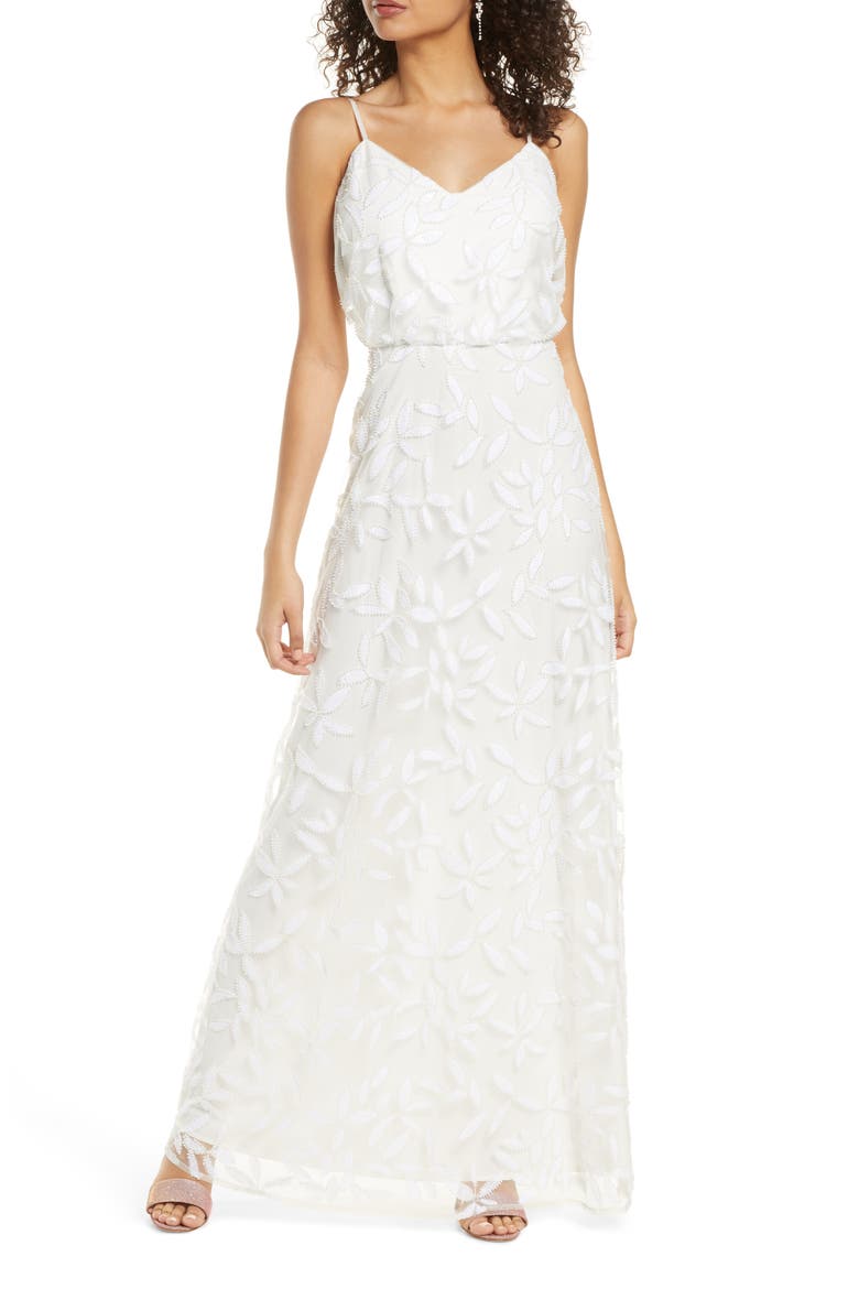 The Savannah Beaded Mesh Blouson Gown, Main, color, IVORY PETAL EMBROIDERY