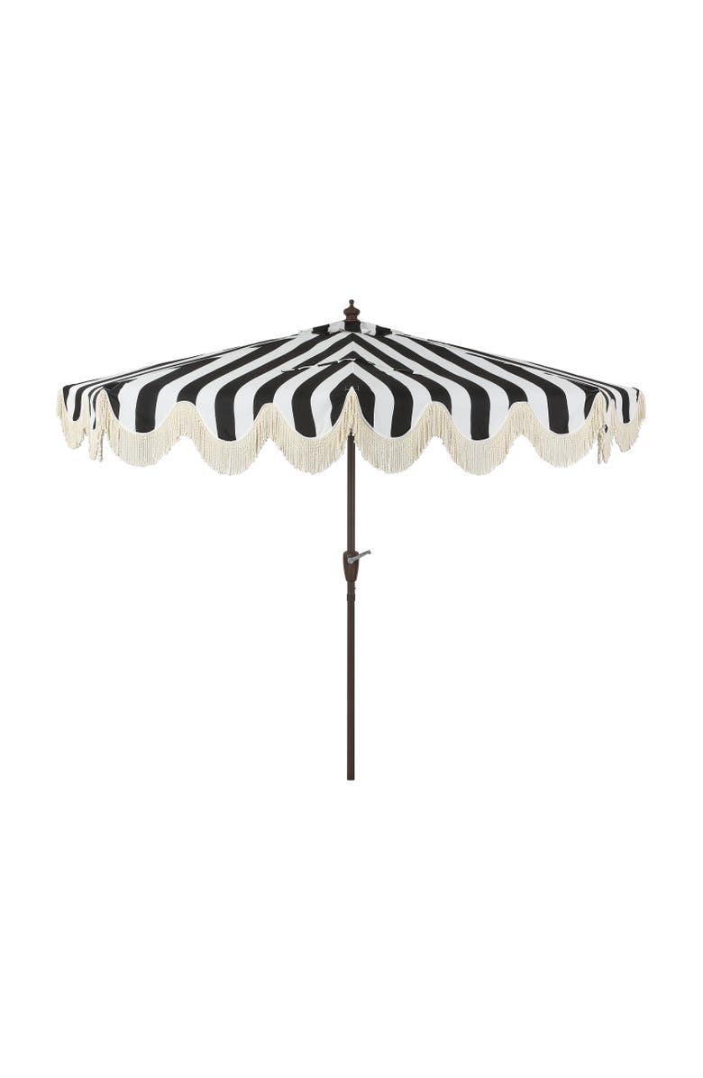 JONATHAN Y Beverly 9 ft. Designer Classic Scalloped Fringe Half Market Patio Umbrella with Crank, Push Button Tilt and UV Protection, Alternate, color, Black/White