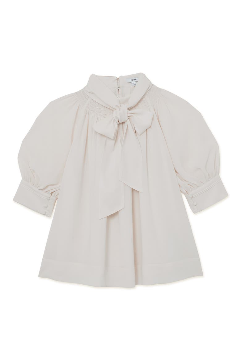 Lerina Smocked Tie Neck Puff Sleeve Top, Alternate, color, IVORY