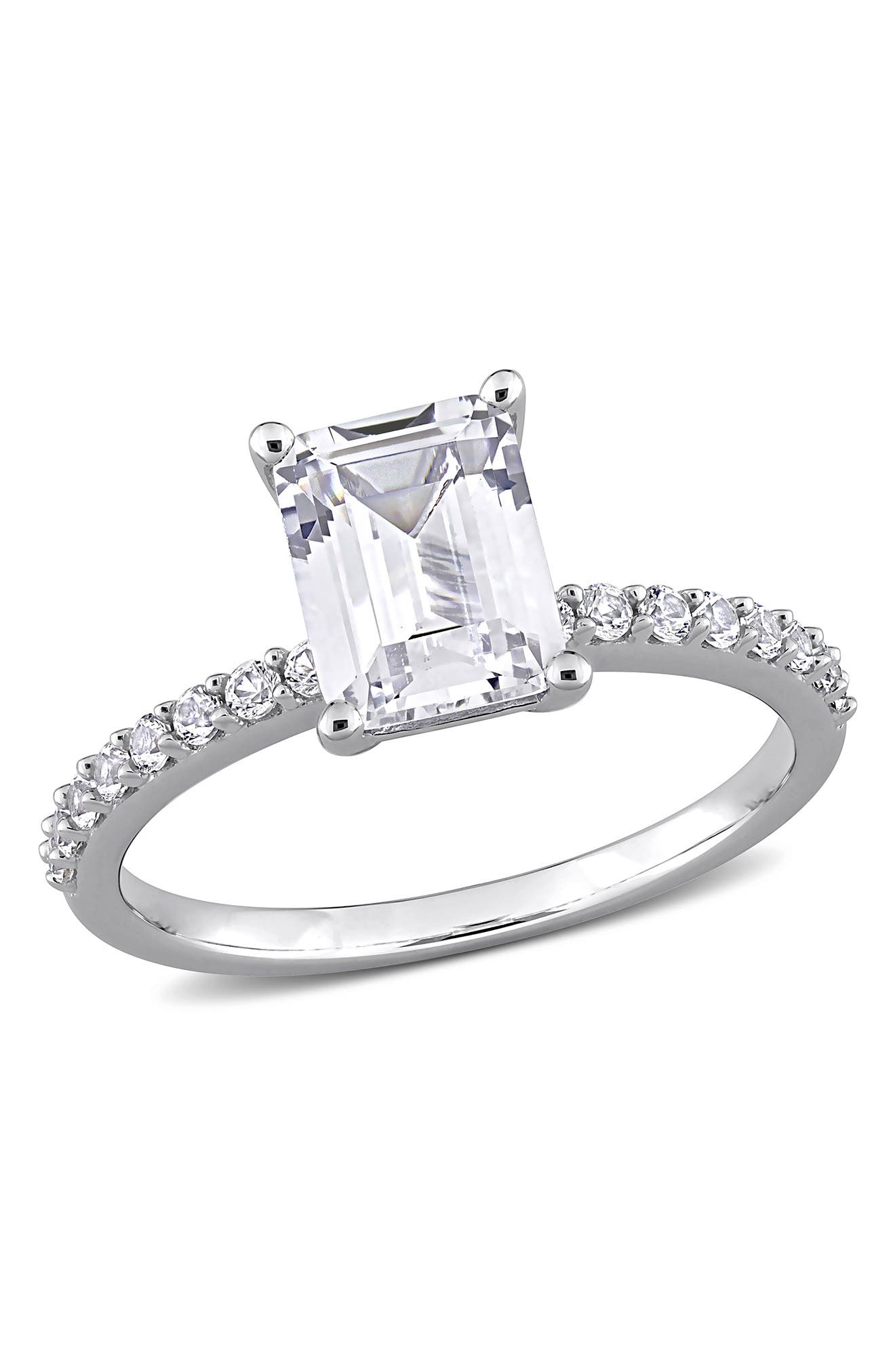 DELMAR 10K White Gold Plated Sterling Silver Emerald Cut Created White Sapphire Ring