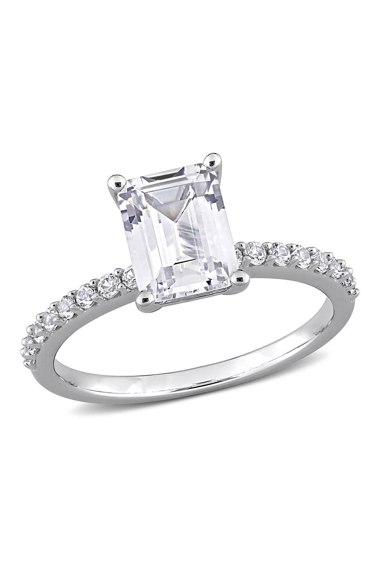 10K White Gold Plated Sterling Silver Emerald Cut Created White Sapphire Ring, Main, color, SILVER