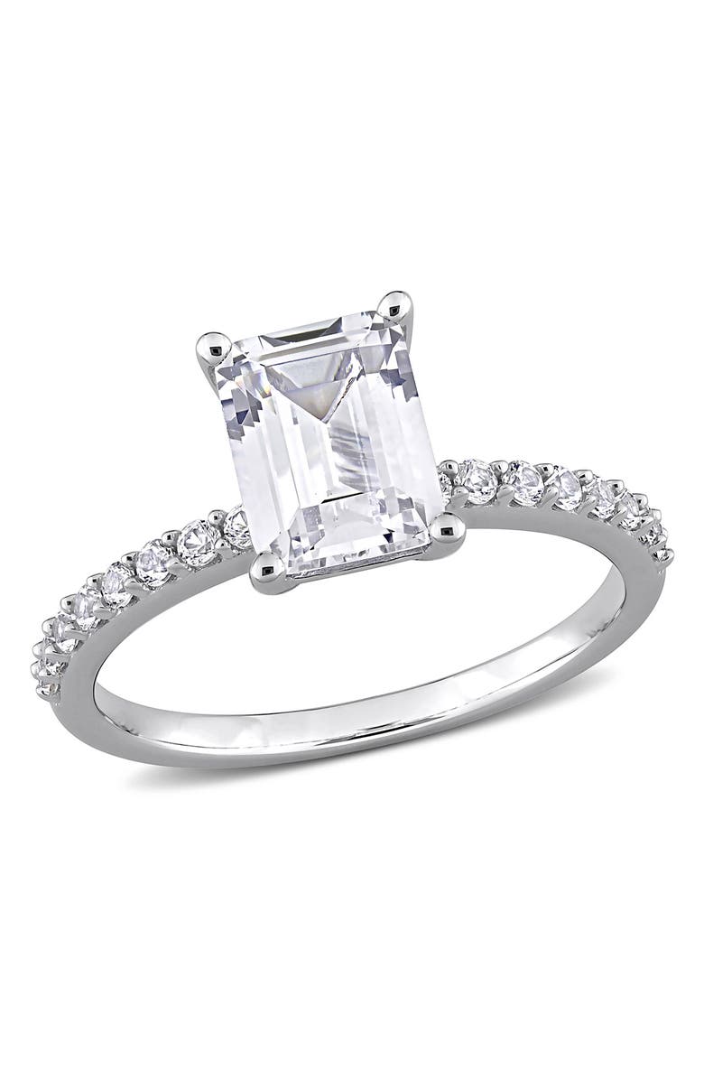 DELMAR 10K White Gold Plated Sterling Silver Emerald Cut Created White Sapphire Ring, Main, color, Silver