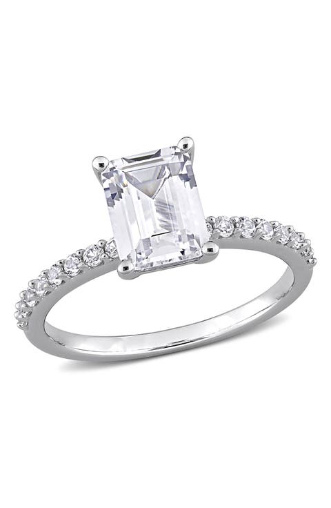 10K White Gold Plated Sterling Silver Emerald Cut Created White Sapphire Ring