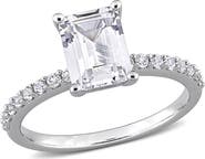 DELMAR 10K White Gold Plated Sterling Silver Emerald Cut Created White Sapphire Ring