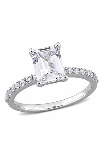 DELMAR 10K White Gold Plated Sterling Silver Emerald Cut Created White Sapphire Ring