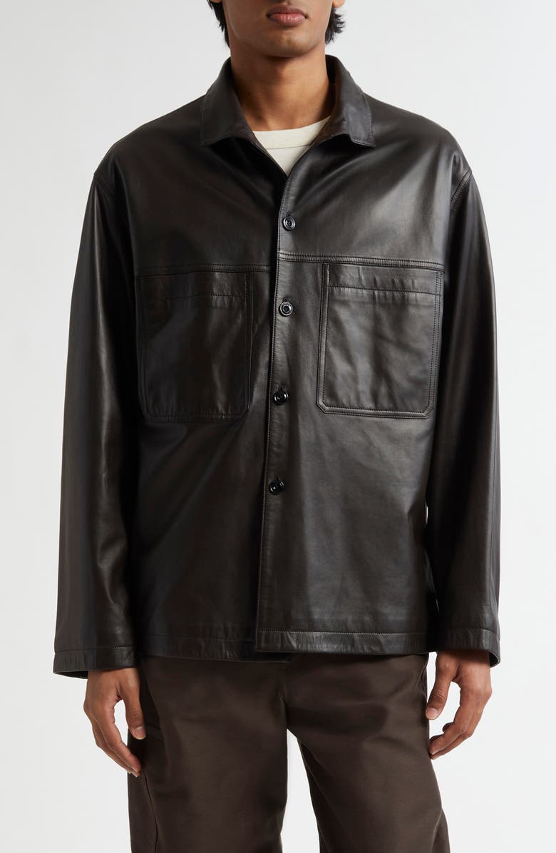 Lemaire Stand Collar Leather Shirt Jacket, Main, color, Dark Espresso Br507