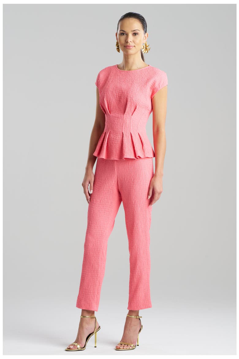 TEXTURED COTTON JACQUARD Cap Sleeve Pleated Peplum Top, Main, color, FLAMINGO