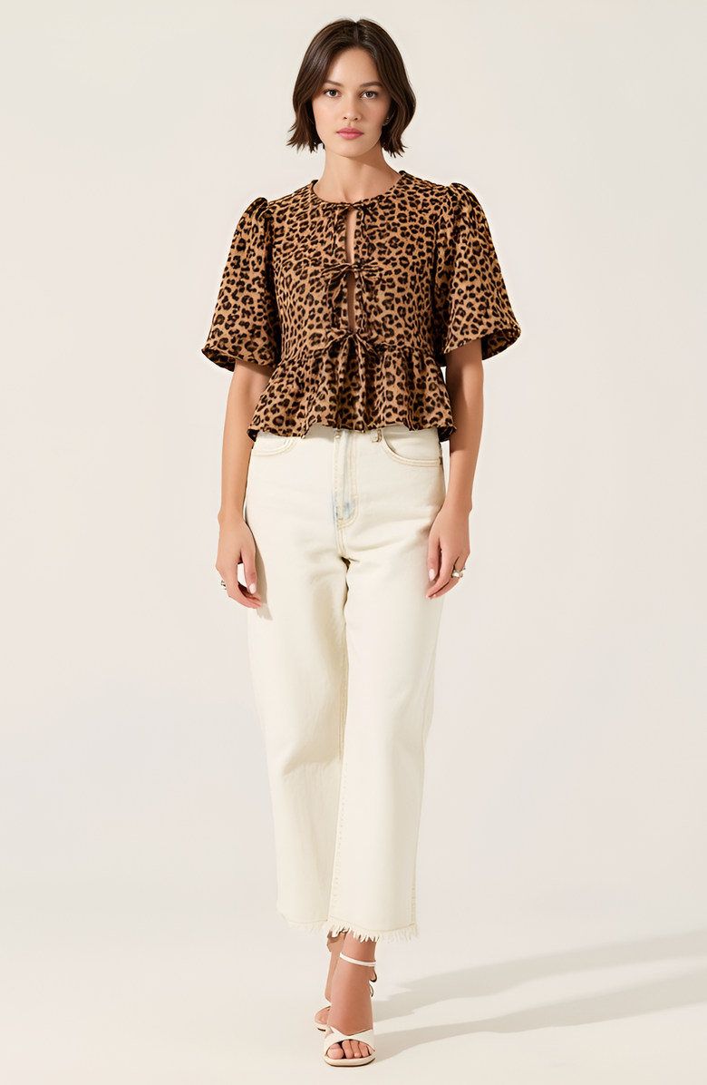 Modenaire Peplum Top With Front Tie Closures And Short Puff Sleeves, Alternate, color, Leopard Print