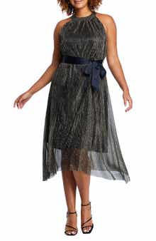 Estelle Gloria Metallic Plissé Halter Midi Dress