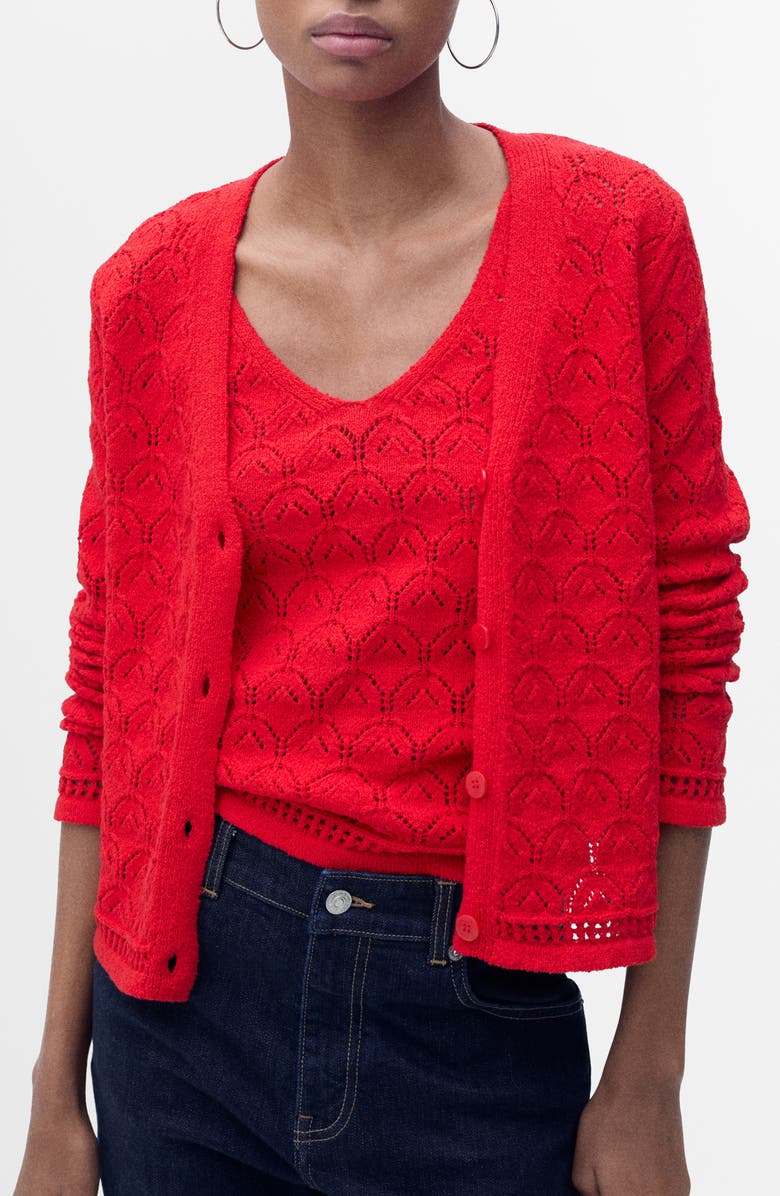 MANGO Pointelle Stitch Cotton Blend Cardigan, Main, color, Red